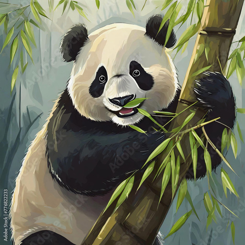 A panda eating bamboo on a tree