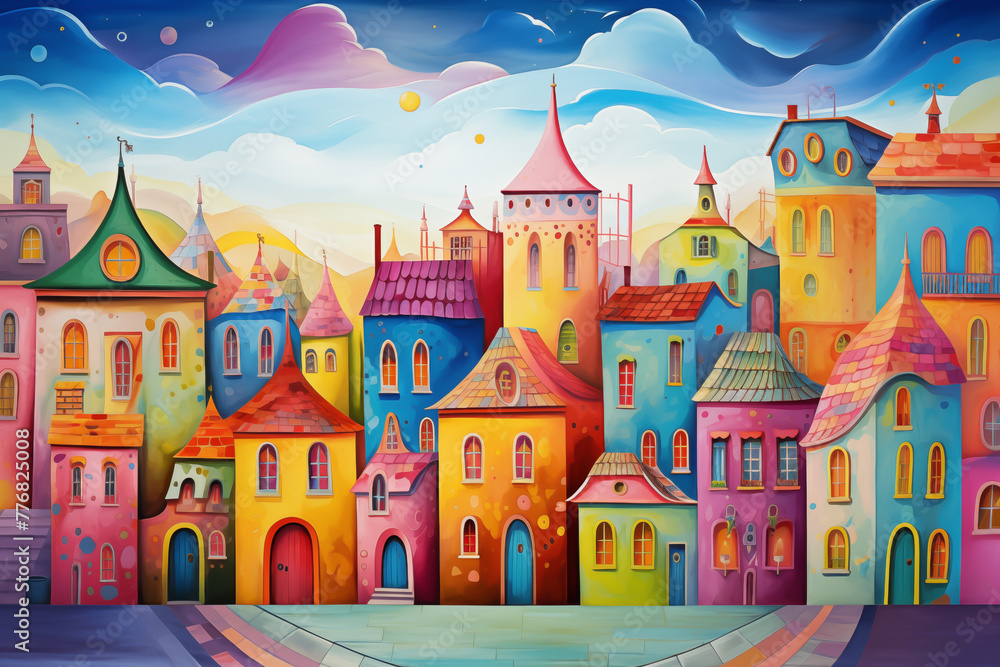 Fototapeta premium The illustrations are watercolor paintings. Colorful city pictures are used to decorate and add beauty. Medieval castle amidst lush greenery With the vast sky as the background 