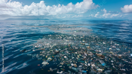 Large floating pile of trash in the middle of the ocean
