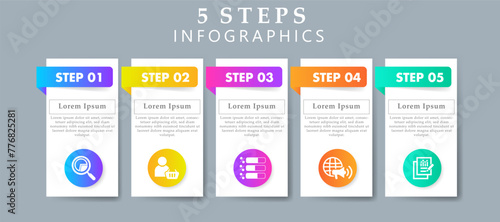 Steps infographics design layout template including icons of research, client, poll, marketing and results. Creative presentation with 5 steps concept.