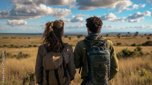 A man and a woman stand side by side backs to the camera as they survey the vast and wild savannah before them excited . . photo