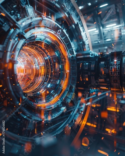 A particle accelerator glowing with energy  surrounded by a cutting-edge technological landscape