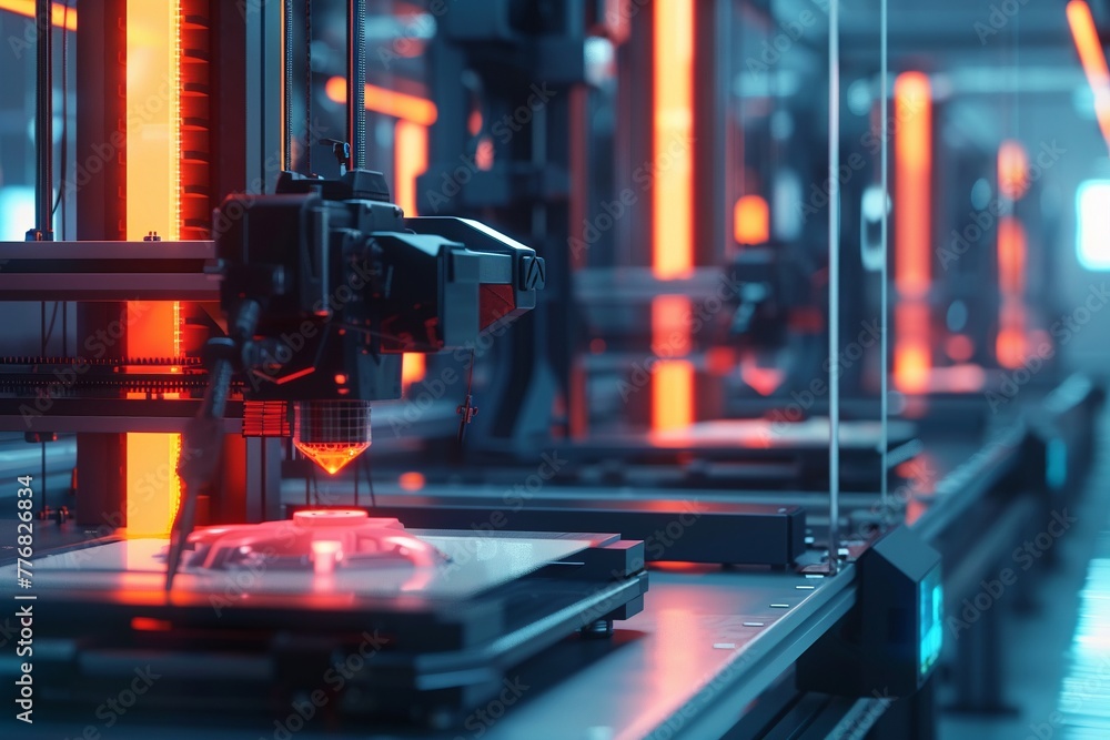 Futuristic factory equipment with 3D printers creating objects layer by layer, set against a high-tech background Futuristic factory equipment with 3D printers creating objects layer by layer, set against a high-tech background