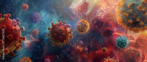 3d rendering of highly detailed and realistic depiction of virus cells, flowing in space with various colors photo