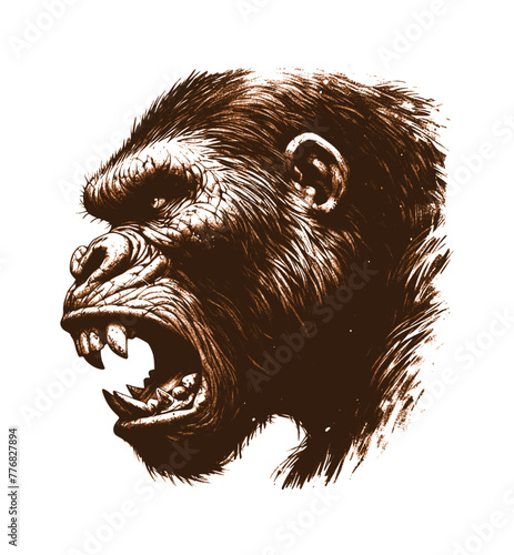 gorilla face grunge texture, view from the side - brown on white background