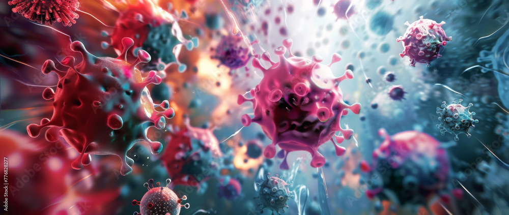 3d rendering of highly detailed and realistic depiction of virus cells, flowing in space with various colors 3d rendering of highly detailed and realistic depiction of virus cells, flowing in space with various colors