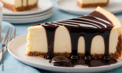 A piece of cheesecake topped with decadent chocolate sauce served on a pristine white plate.