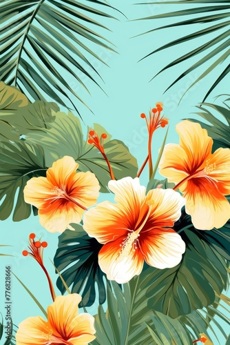 Beautiful large flowers with tropical leaves