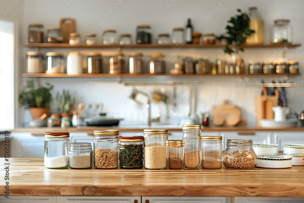 Several jars of spices are on a wooden table in the background of the kitchen