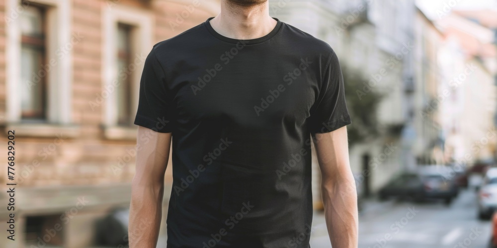 A man wearing a black shirt is strolling down the sidewalk of an urban street, with buildings and cars in the background. A man wearing a black shirt is strolling down the sidewalk of an urban street, with buildings and cars in the background.