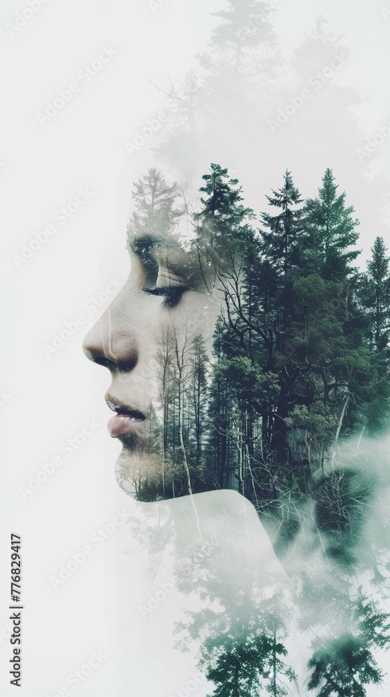 Woman Face and Forest Double exposure Fusion: Illustrating the Harmony of Man Kind with Nature - Art for Covers, Cards, Interiors, and Posters.