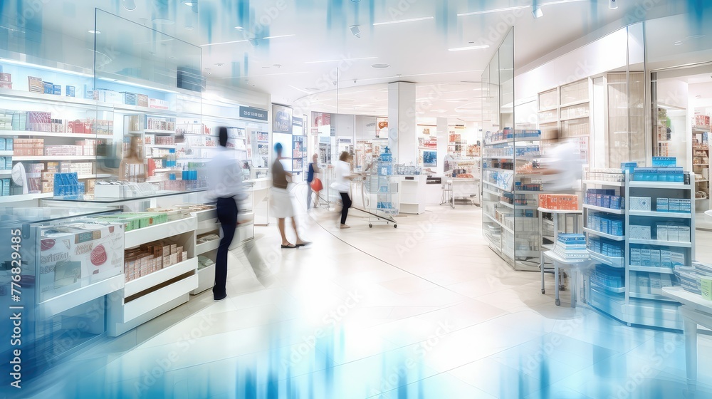 bustling blurred pharmacy interior