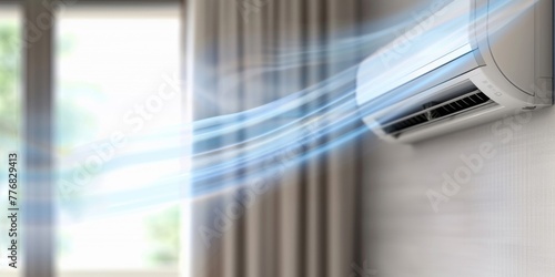 A wall mounted air conditioner unit is installed directly in front of a window, providing cooling and climate control for the room. 