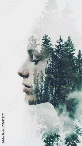 Woman Face and Forest Double exposure Fusion: Illustrating the Harmony of Man Kind with Nature - Art for Covers, Cards, Interiors, and Posters. © melhak
