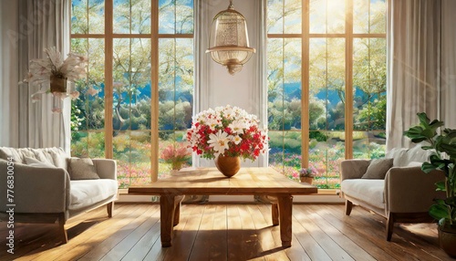 room scene  where an empty light interior of a room with a window a sun drenched living  wooden table adorned with vibrant flowers takes center stage 