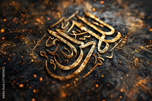 Arabic calligraphy with text on black background, 3d render of golden dark gold and light amber colors, shiny particles, glowing lights effect, dark theme photo