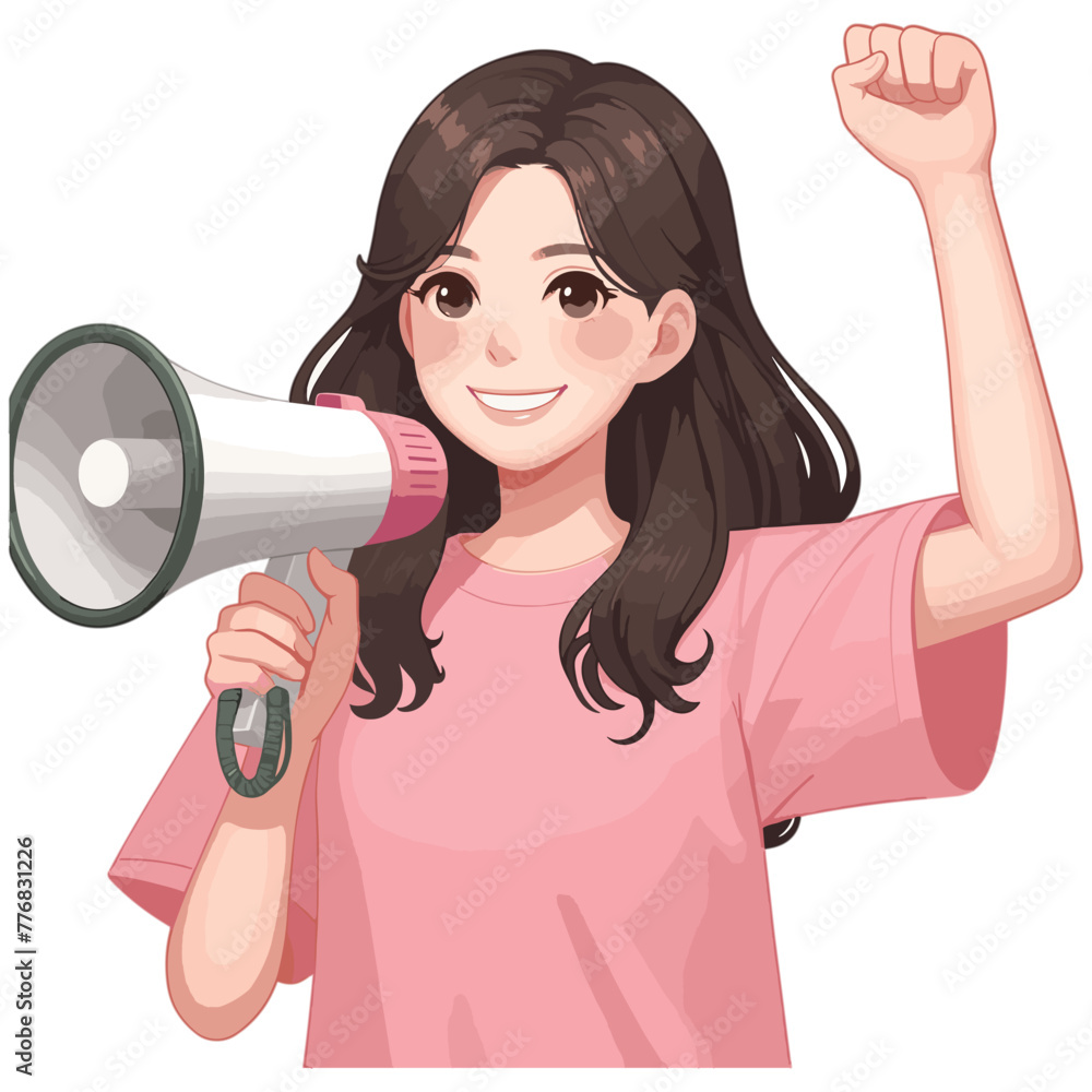 Naklejka premium Happy Smiling woman wearing pink t-shirt holding a loudspeaker vector