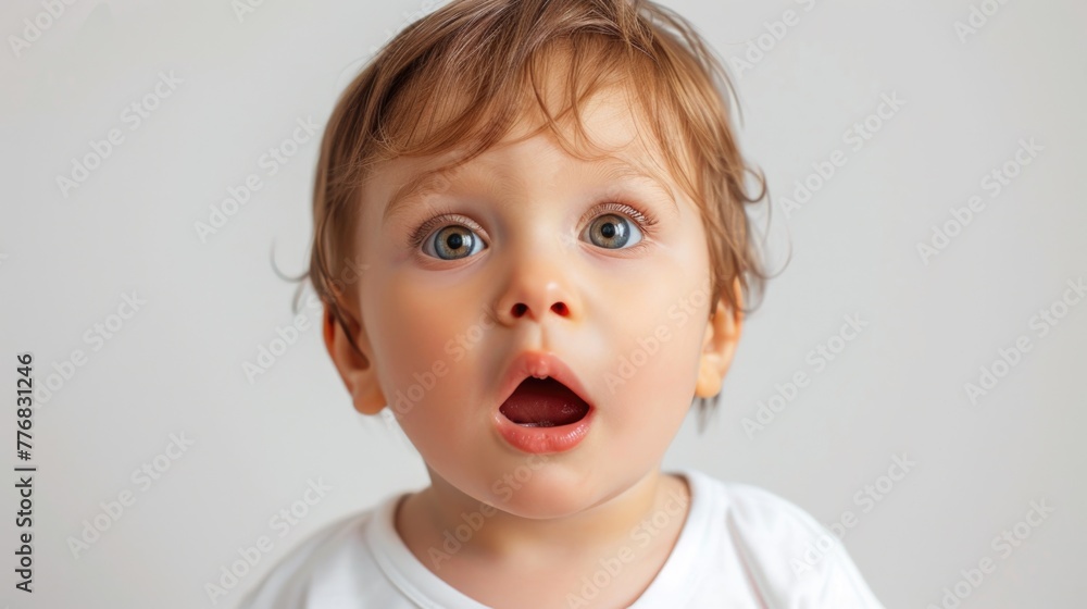 A close-up of a surprised toddler with wide blue eyes, embodying a moment of innocent astonishment and the purity of discovery. A close-up of a surprised toddler with wide blue eyes, embodying a moment of innocent astonishment and the purity of discovery.