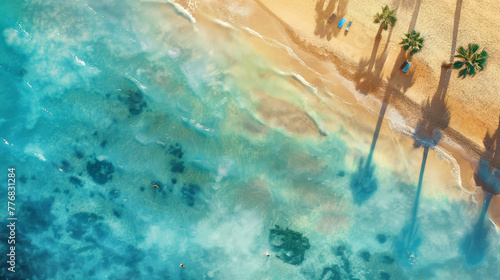 Aerial view of tropical Mediterranean beach with watercolor effect