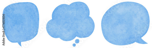 A set of hand-drawn three blue watercolor speech bubbles is presented on a transparent background, ideal for dialogues and design elements.