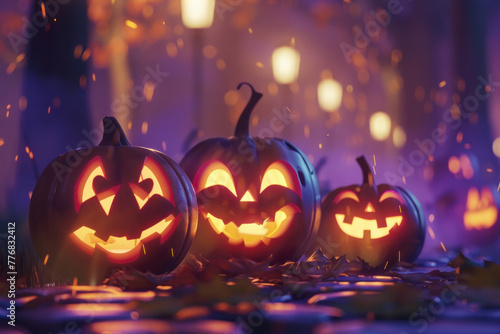 Three carved pumpkins with glowing faces provide a festive and spooky ambiance, as they light up the night with a soft, eerie glow amidst falling autumn leaves.