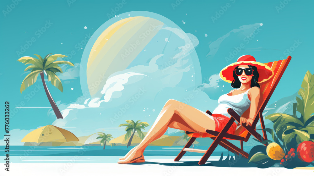 Summer dreams - sun, sky,  sea, sand. Girl sunbathing on the beach.