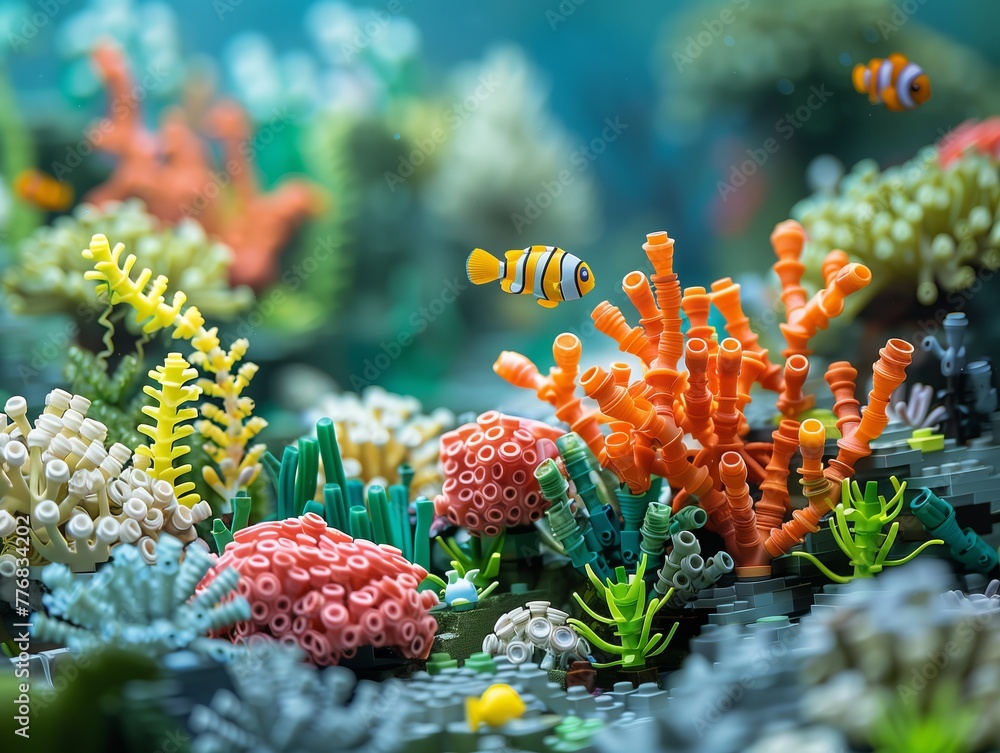 Naklejka premium Build a lego-like toy Biome crafting an Underwater environment teeming with biodiversity and wonder. 