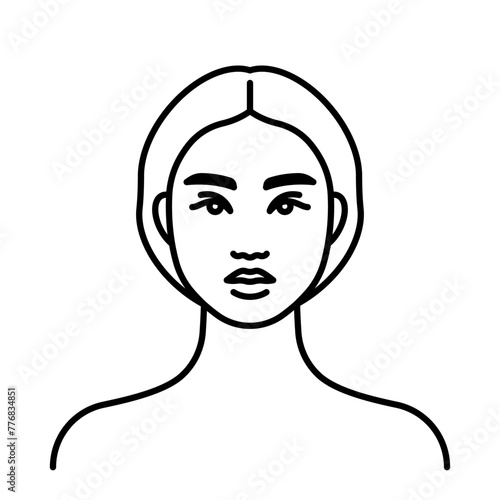 Woman face front, line icon. Asian ethnicity. Female head, neck, shoulders, front view portrait. Minimalist style, linear illustration, editable strokes
