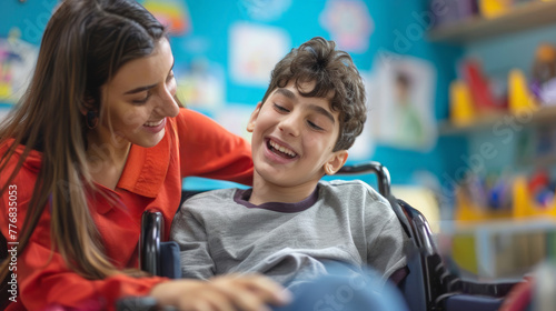 Autistic student happily learning from patient teacher © fotogurmespb