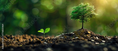 Young sapling growing beside mature tree over coins on fertile soil, concept of investment growth. photo