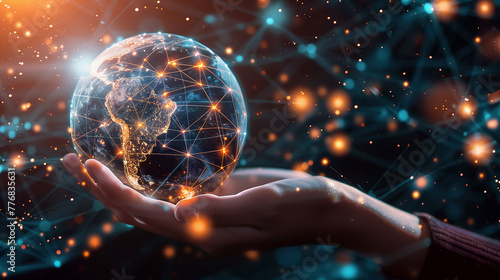 Global Connectivity and Network in Palm of Hand . A hand cradles a glowing representation of Earth with interconnected networks, symbolizing global connectivity and the digital information era. 