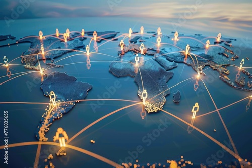 Global networking concept with people connected across a digital world map with glowing nodes.