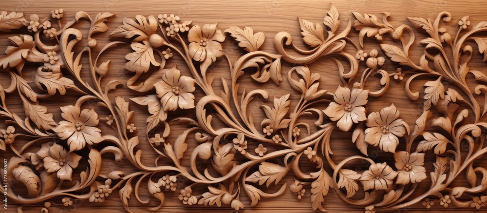 Intricate close up of a detailed carving depicting delicate flowers and twisting vines on a wooden panel