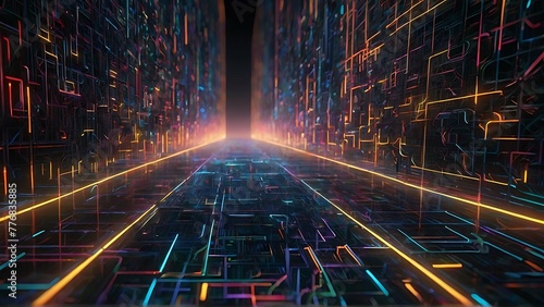 Amidst a phosphorescent labyrinth of ethereal energy, a swirling network of interconnected nodes pulsates with a mesmerizing dance of colors and light. This digital masterpiece, a stunningly rendered