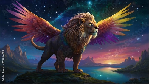 An iridescent zenithal manticore, its shimmering mane cascading like liquid rainbows, stands proudly amidst a surreal landscape of floating islands and glittering stars. photo