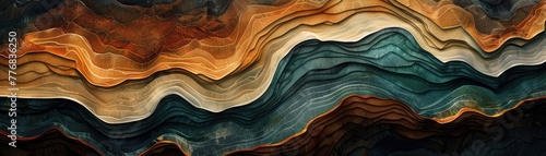 Earthy tones in abstract topography art depicting undulating terrain with rich, textured layers and patterns.