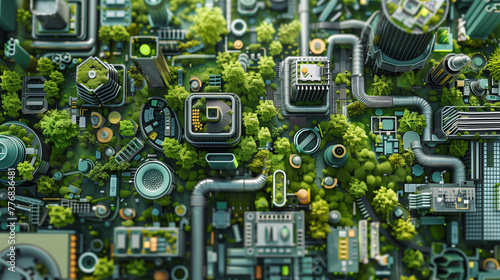Green Technology Integration in Urban Planning . An intricate aerial view of a city where modern urban structures are seamlessly integrated with lush greenery, depicting a harmony between technology a