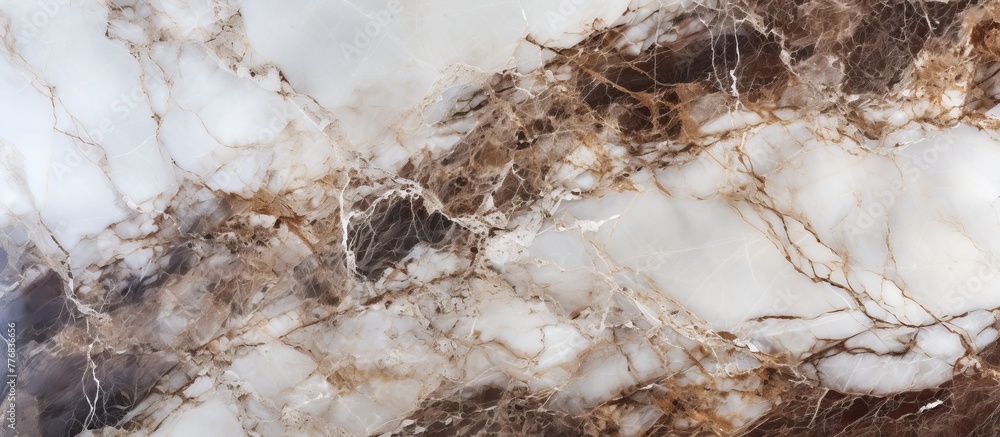 Detailed close-up of a sleek marble surface showcasing an elegant brown and white pattern