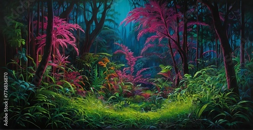 In a mesmerizing hyper-realistic neon jungle painting, an intricately detailed, lush forest springs to life under vivid hues of electric greens and pinks. © hasnain