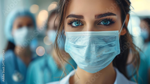Close-up of masked female doctor, medical team in background