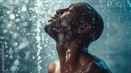 Intimate moment of a man in a shower  water cascading down his face  evoking strength and determination.