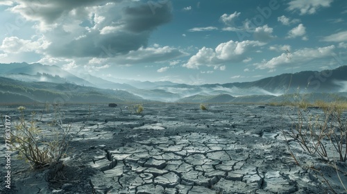 A desolate landscape with withered vegetation and cracked earth, depicting the harsh reality of habitat loss due to changing climate patterns