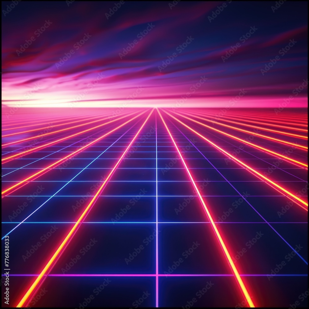 Vivid electric neon grid creating an abstract digital landscape, inspired by retro futuristic visuals.