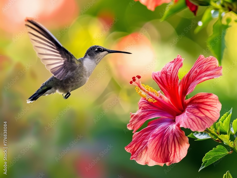 Fototapeta premium A tiny, iridescent hummingbird hovers near a flower, its wings a blur as it feeds on sweet nectar
