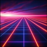 Vivid electric neon grid creating an abstract digital landscape, inspired by retro futuristic visuals.