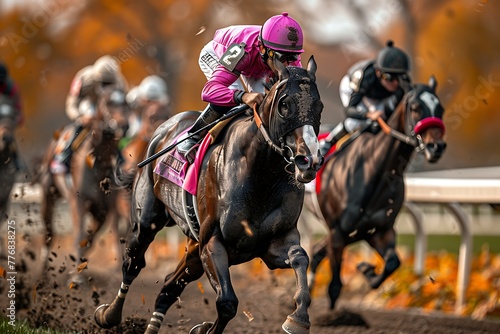 Jockeys on racehorses compete in a close and intense horse race on a dirt track, capturing the speed and excitement of the sport. 