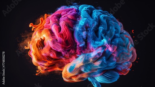 Colorful ADHD Brain Burst on Black Background, Copyspace