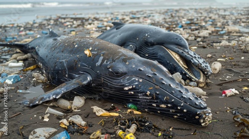 The convergence of climate change and ocean pollution in endangering marine life was vividly portrayed by a pair of stranded whales beached on a shore strewn with plastic debris photo