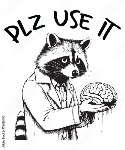 Plz use it funny raccoon offering human brain T-shirt design vector, Trash Panda Graphic Tee, Vintage Raccoon Shirt, Raccoon Shirt Funny, Raccoon dustbin funny shirt, Raccoon saying, Raccoon humor