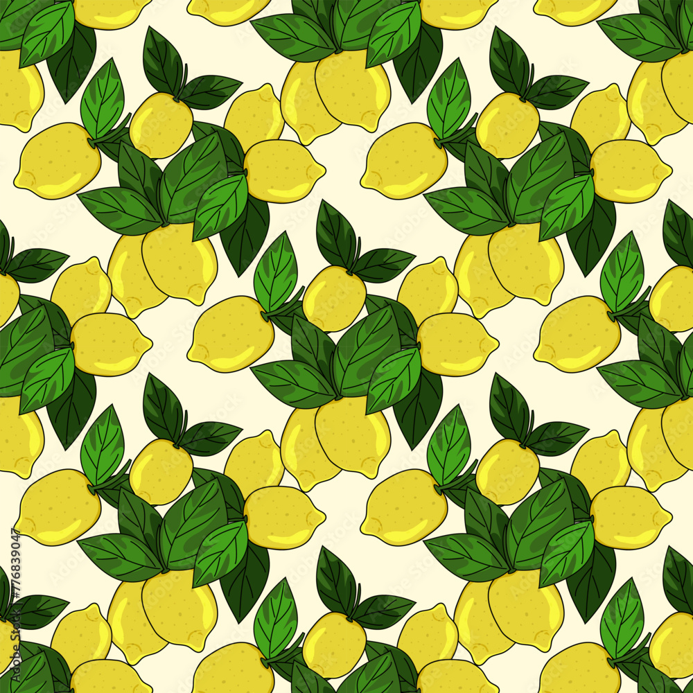 Tropical seamless background with yellow lemons. Hand drawn fruity limonnia repeating background in doodle style.Design for printing on fabrics, holiday and confectionery packaging, wallpaper,wrapping